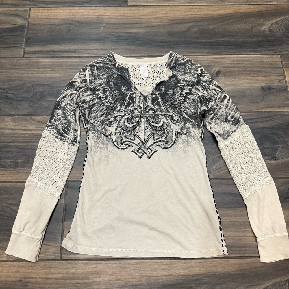Affliction Shirt with Rhinestones and Knitted Shoulders and Arms